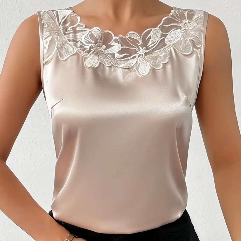 Embellished Tan Sleeveless Blouse with Floral Lace
